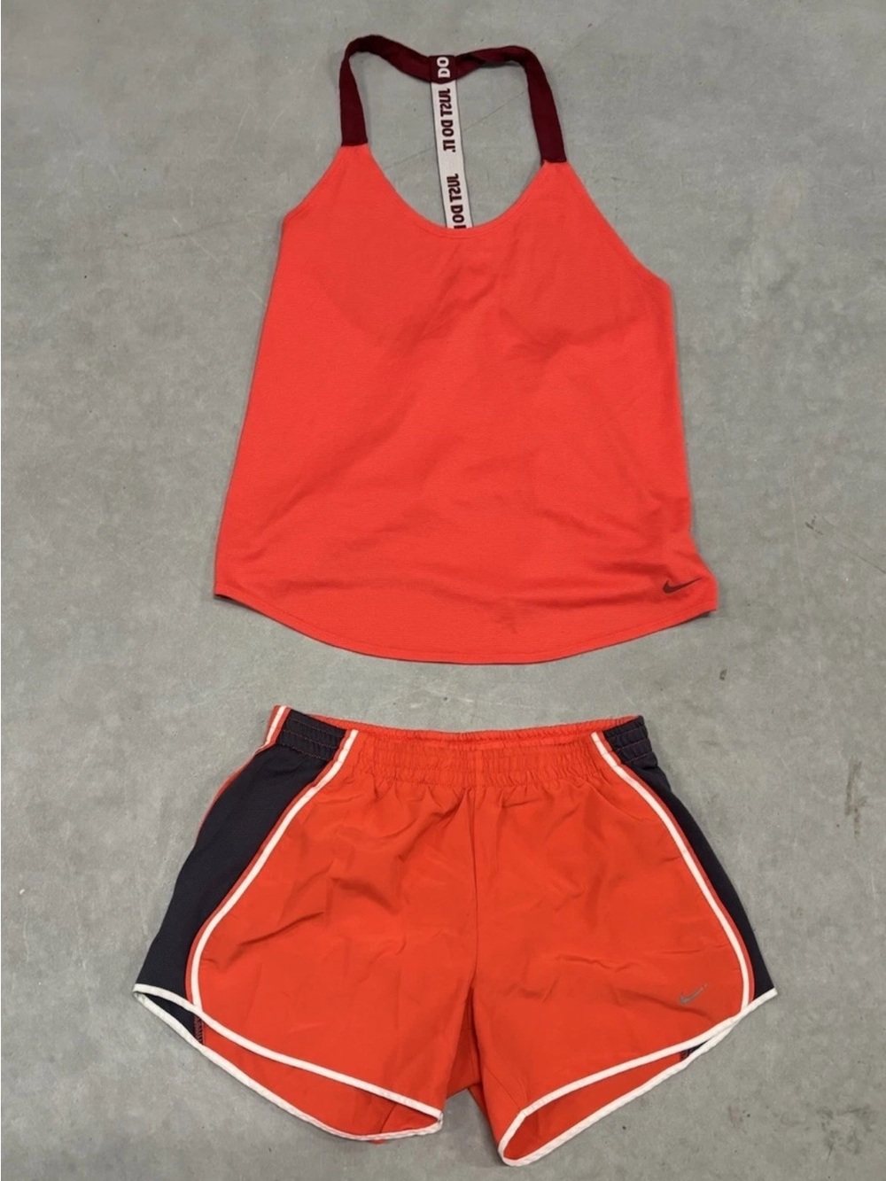 Nike Dri Fit 2Pc Set Flowy Strapy Tank Top Athleisure Shorts Red Blue SZ. S/M